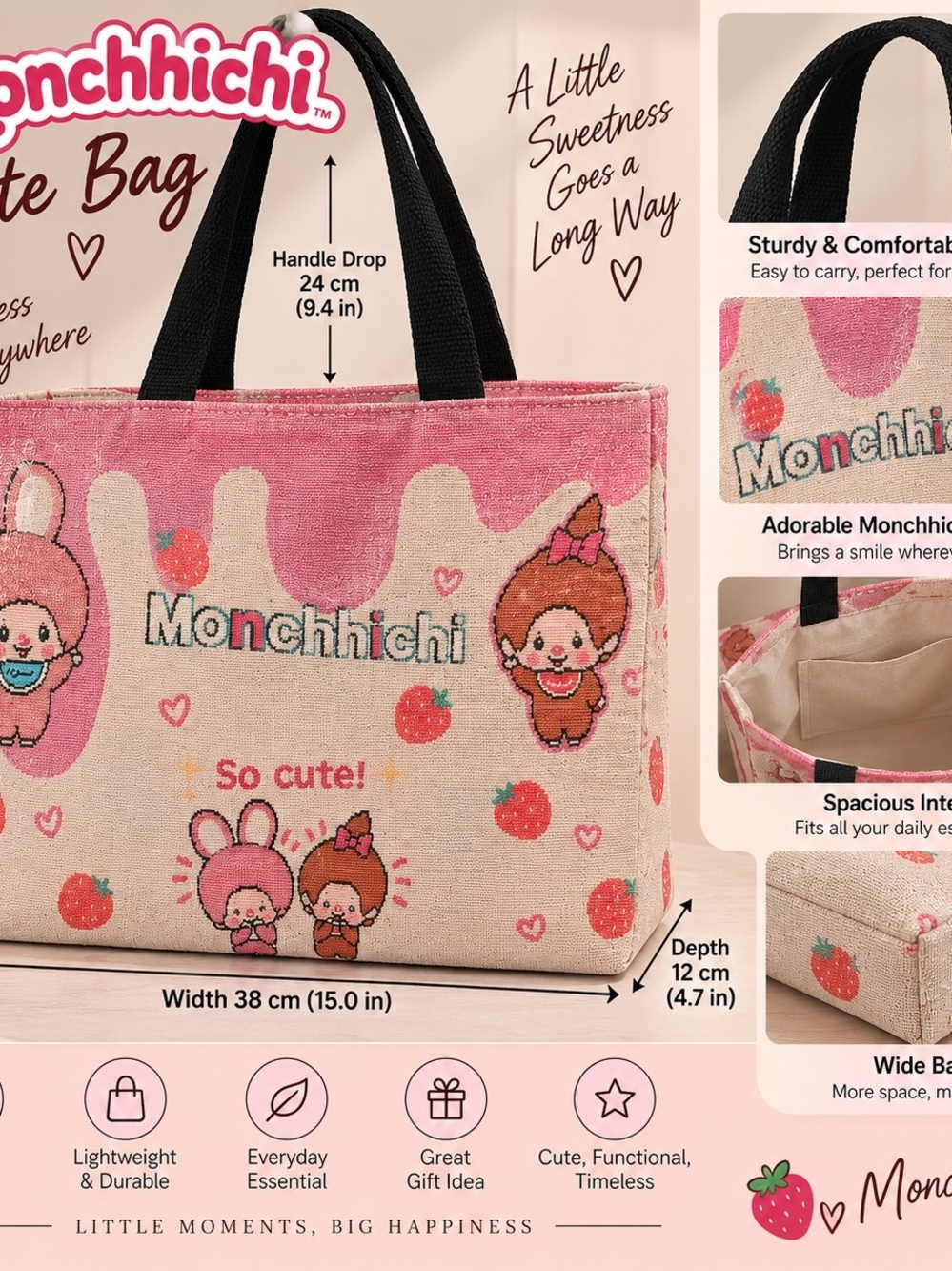 Pink Canvas Tote Bag with Black Handles